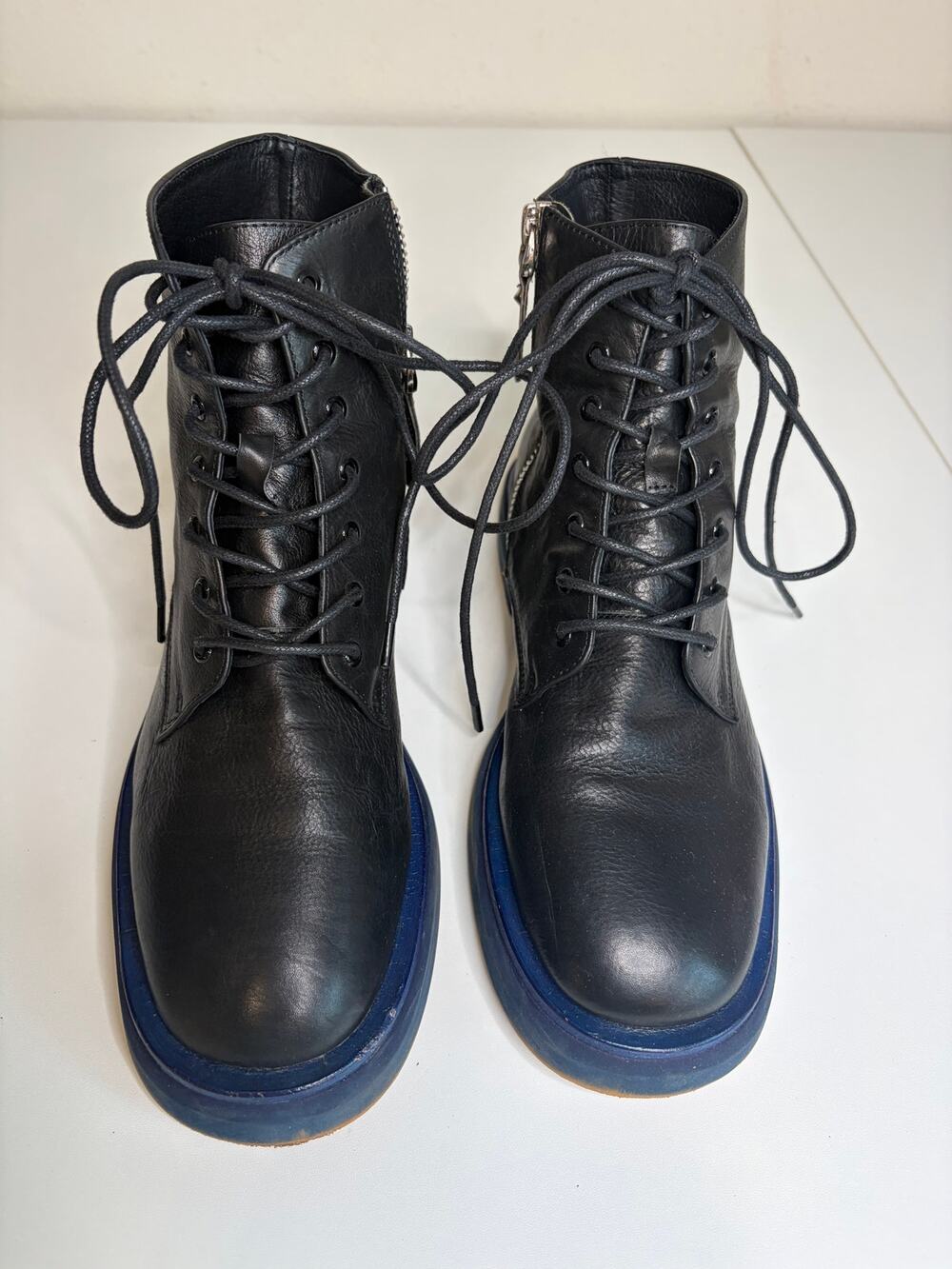 Black Leather Combat Boots Almond Toe Blue Stacked Sole #Edgy #Moto Size 7